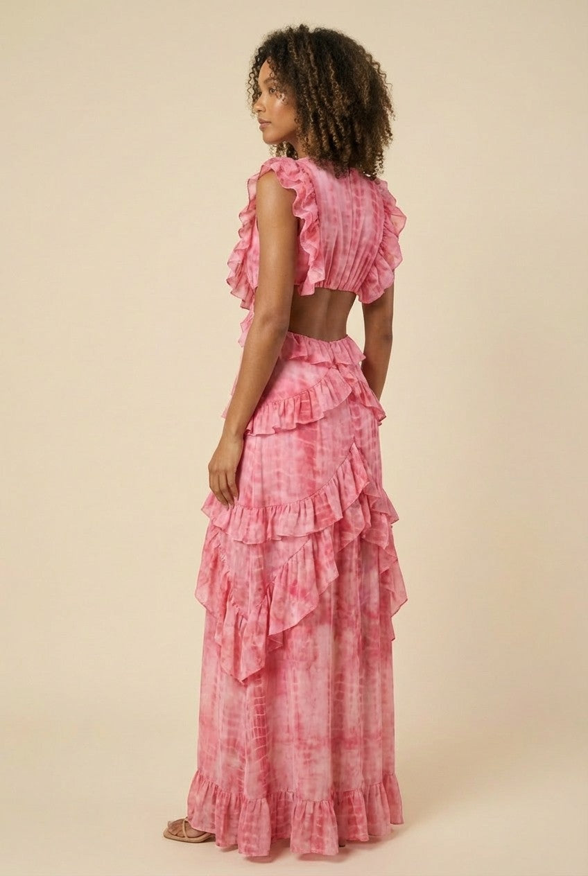 Pink Tie-Dye Ruffle Maxi Dress Ring Detail Cutout Vacation Gown