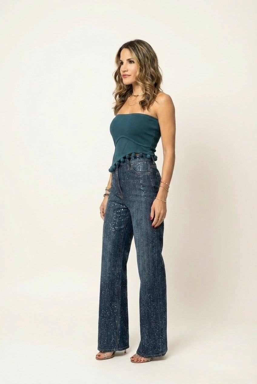 Ribbed Strapless Pom-Pom Top & Sequin Wide-Leg Denim Pants
