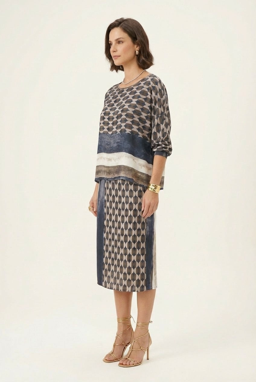 Abstract Print Blouse and Midi Skirt Set, Elegant Chic Style