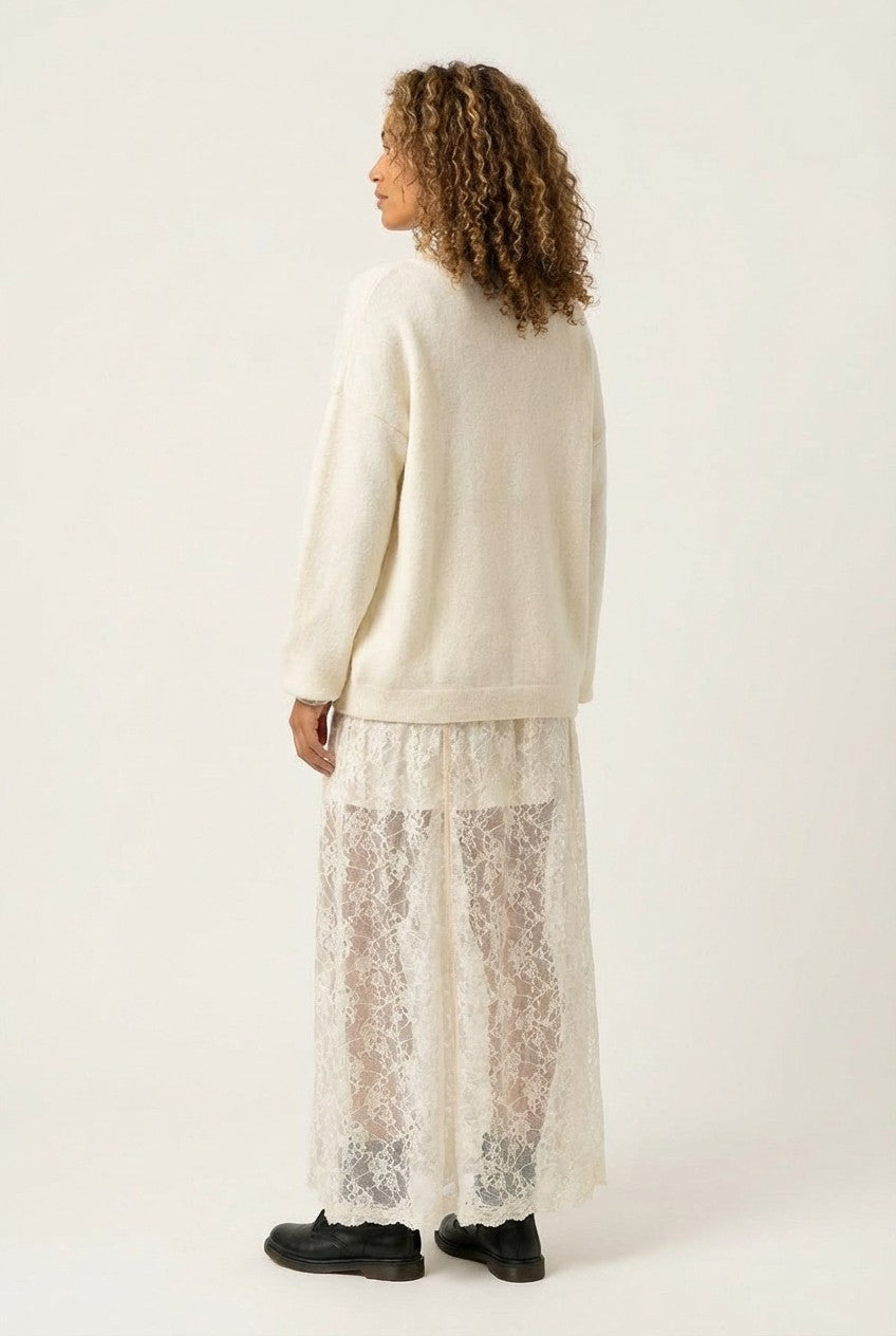 Soft Knit Sweater and Floral Lace Maxi Dress Set, Cream White