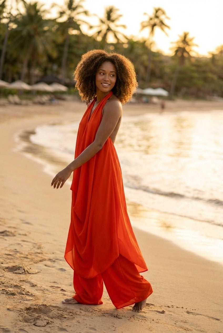 Draped Chiffon Halter Tunic and Wide Leg Pants Set, Resort Chic