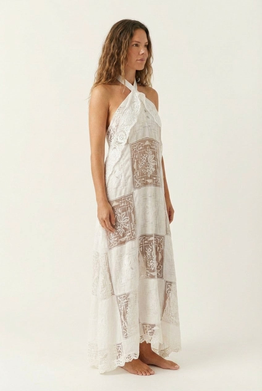 Embroidered Lace Halter Maxi Dress