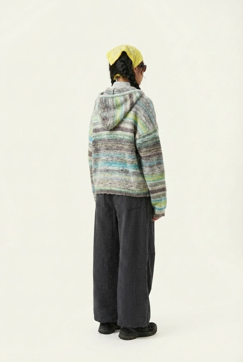 Space Dye Chunky Knit Zip-Up Hoodie Relaxed Cardigan