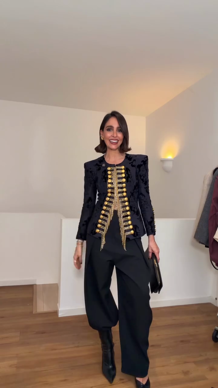 Black velvet military-style embellished suit jacket-Mesadic