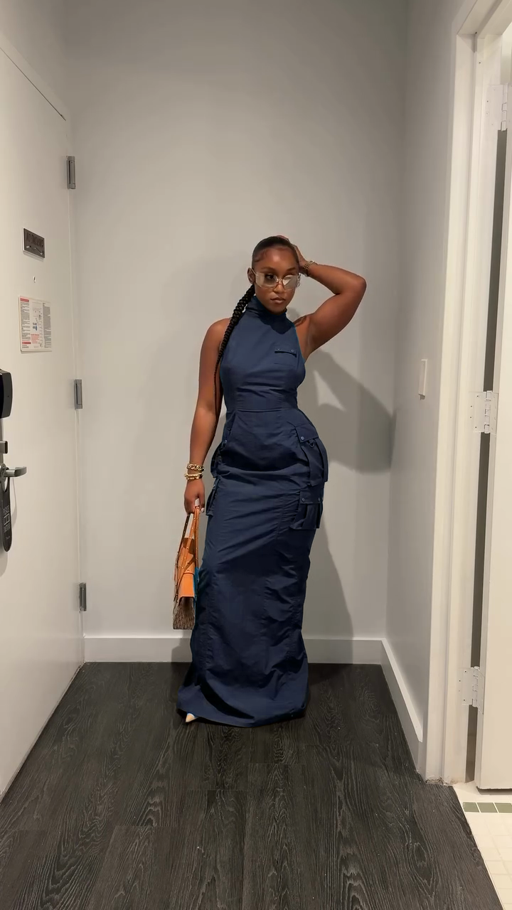 Olive Green Sleeveless High - Neck Maxi Dress-Mesadic