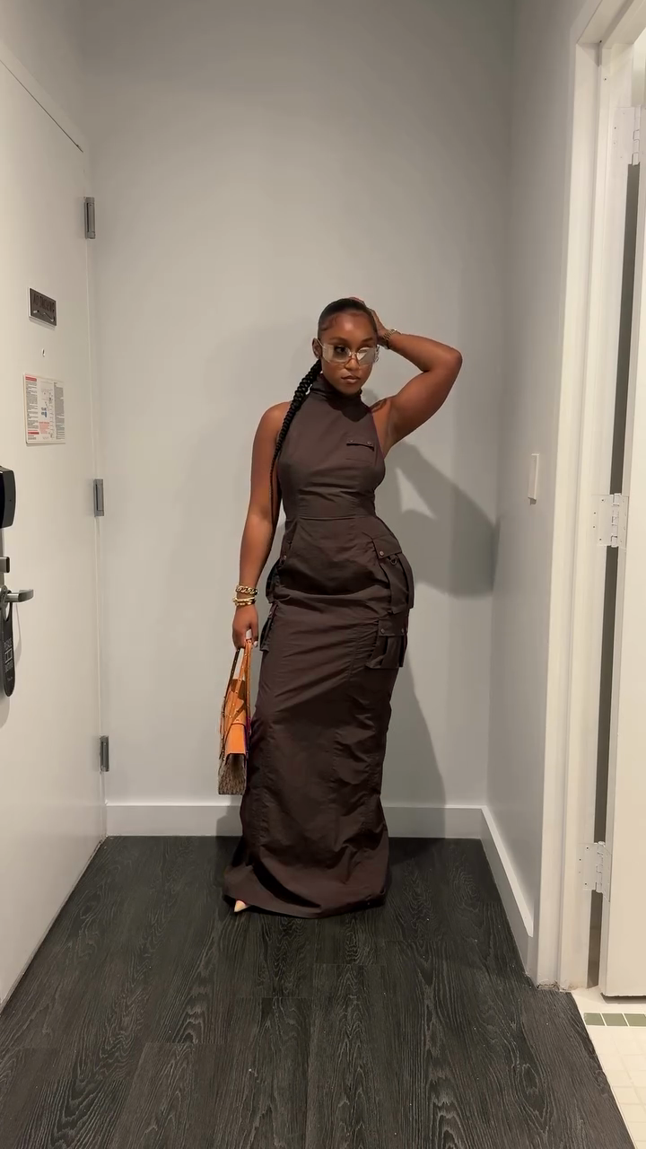 Olive Green Sleeveless High - Neck Maxi Dress-Mesadic