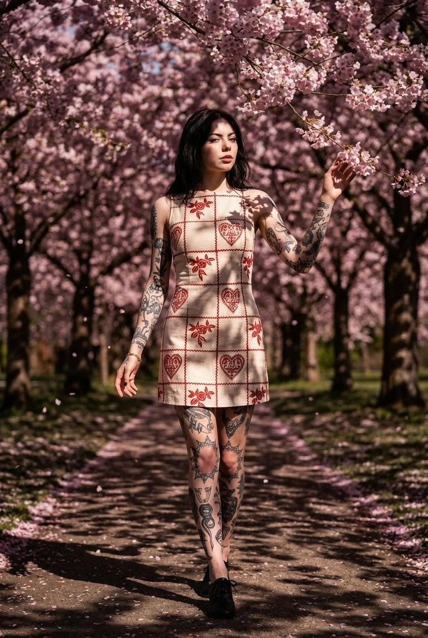 Embroidered Canvas Mini Dress Heart Rose Pattern Vintage Vibe