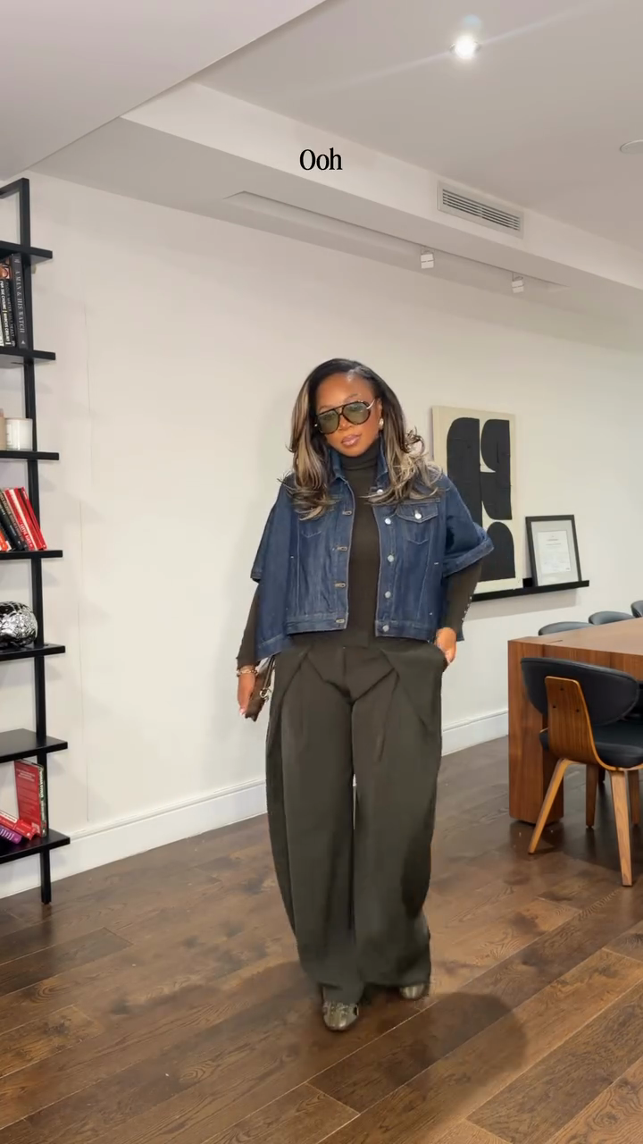 Dark olive green fitted turtleneck top and pleated wide-leg pants suit-Mesadic