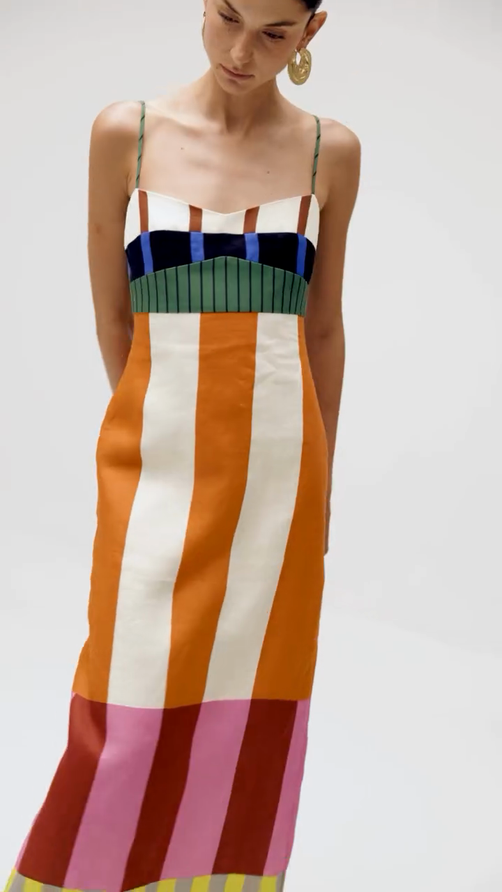 Color-blocked striped backless midi dress-Mesadic