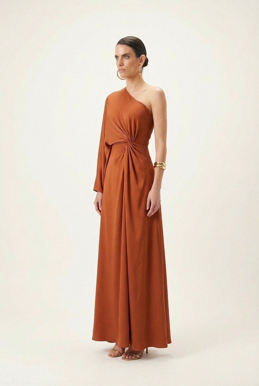 Terracotta-colored one-shoulder pleated maxi dress