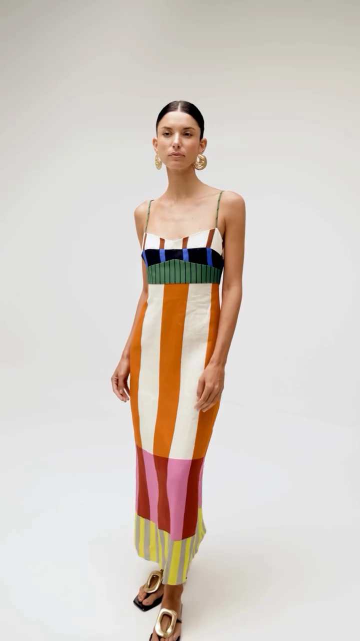Color-blocked striped backless midi dress-Mesadic
