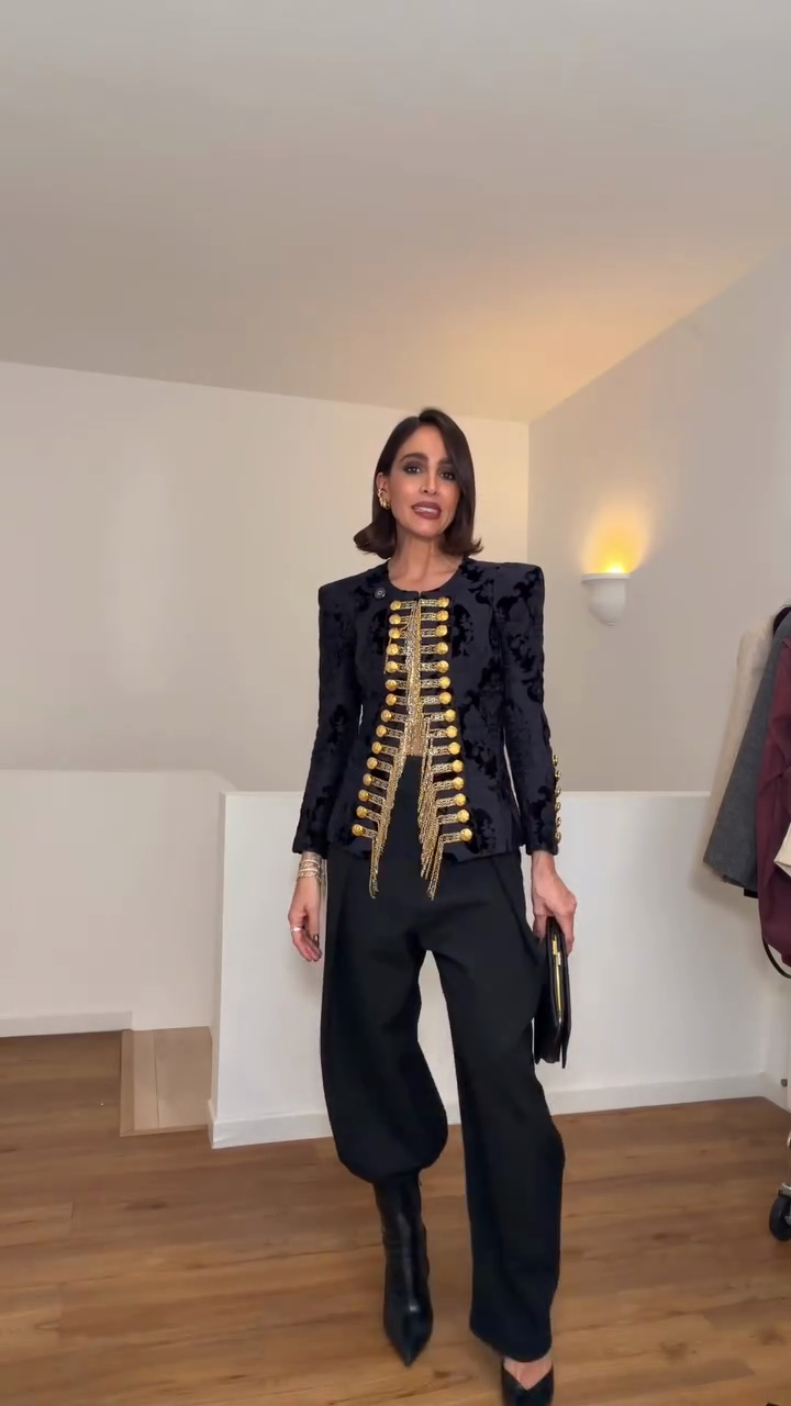 Black velvet military-style embellished suit jacket-Mesadic