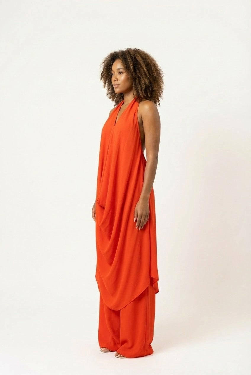 Draped Chiffon Halter Tunic and Wide Leg Pants Set, Resort Chic