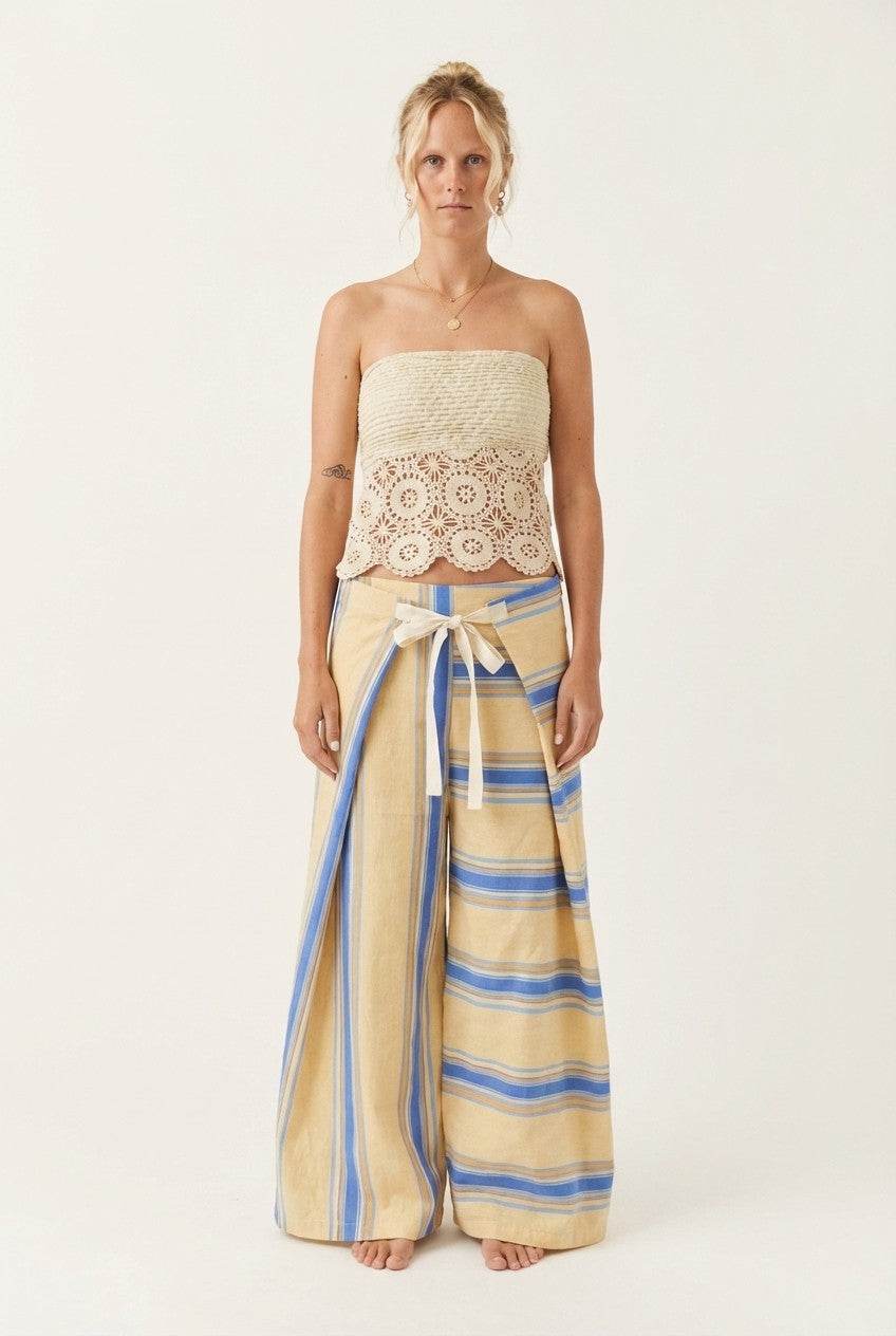 Lace Crochet Crop Top and Striped Wrap Pants Set Beach Vacation