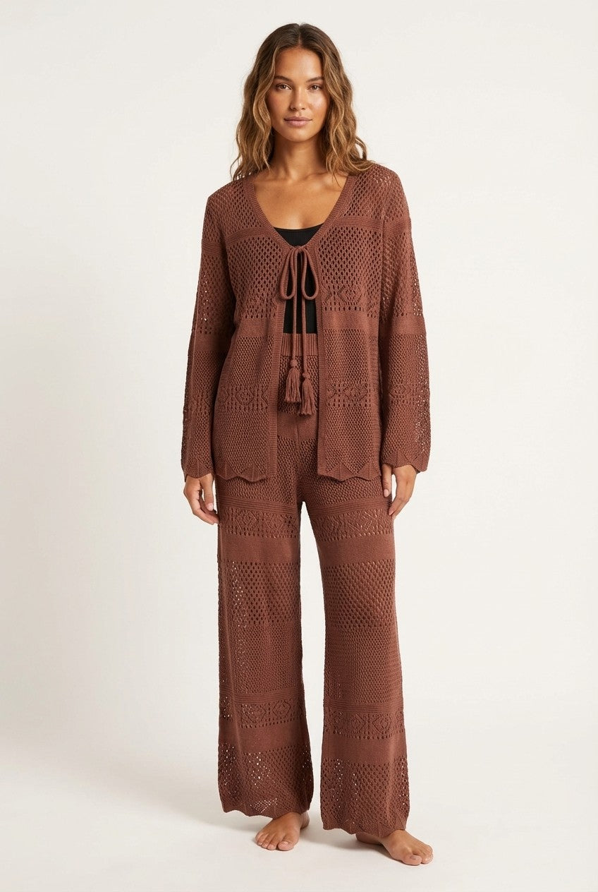 Boho Open-Knit Cardigan and Pants Set, Tassel Tie Loungewear