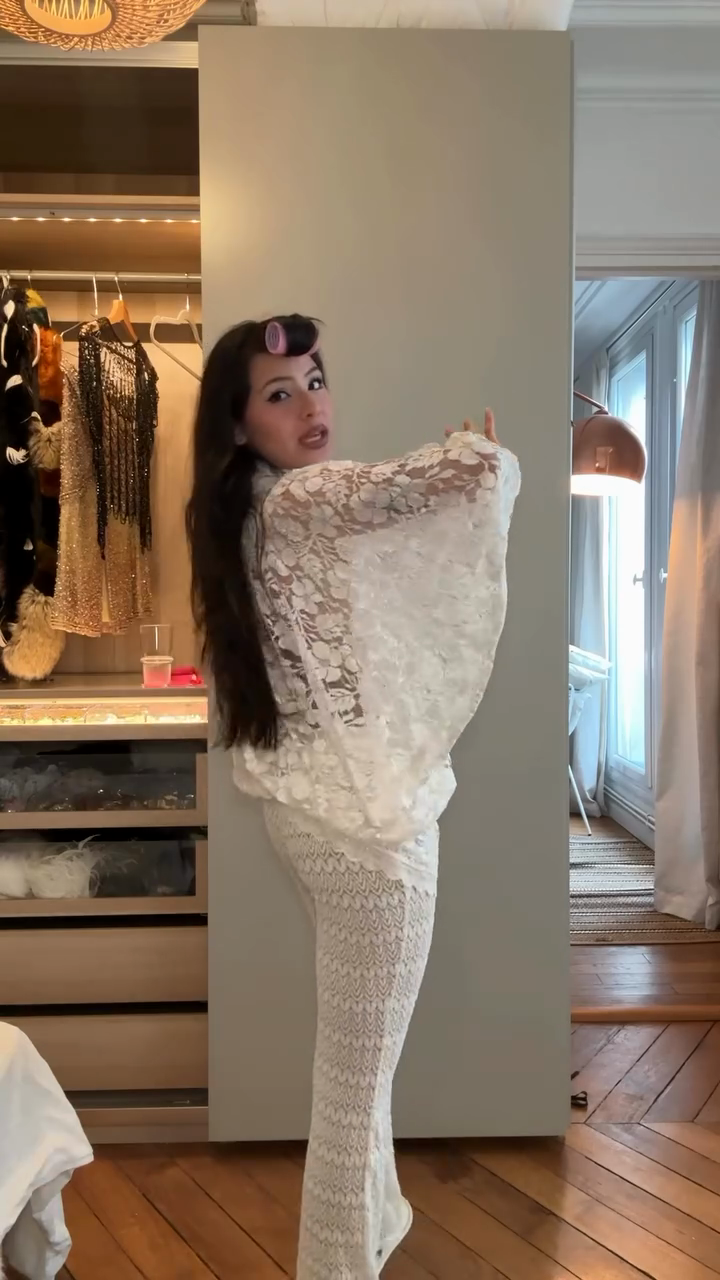 Ivory floral lace top and crochet flared pants set-Mesadic