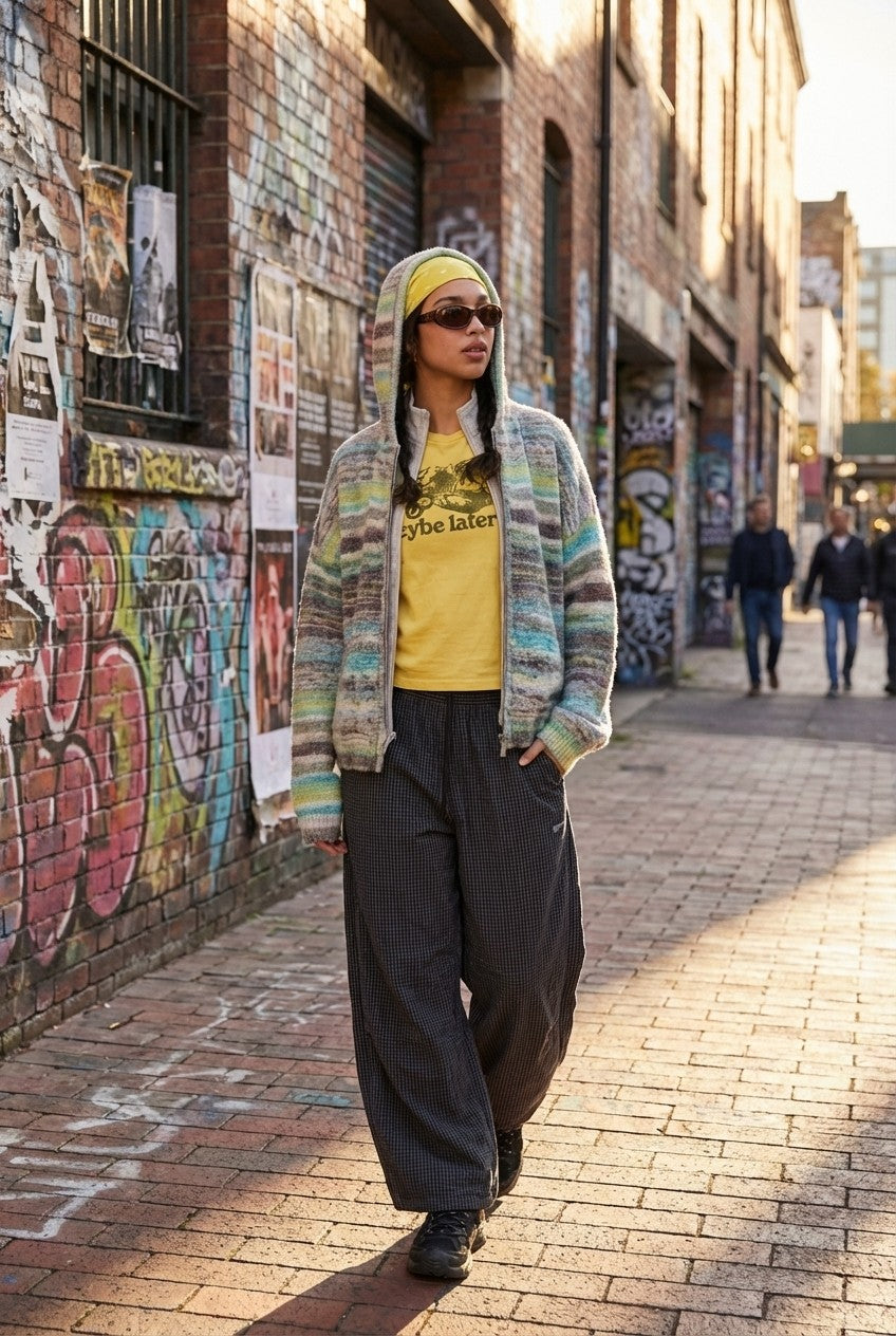 Space Dye Chunky Knit Zip-Up Hoodie Relaxed Cardigan