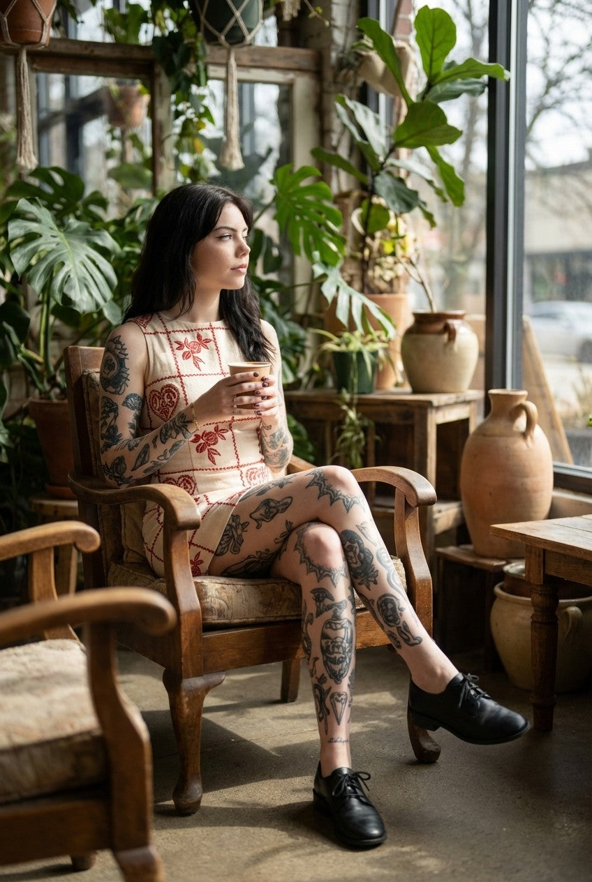 Embroidered Canvas Mini Dress Heart Rose Pattern Vintage Vibe