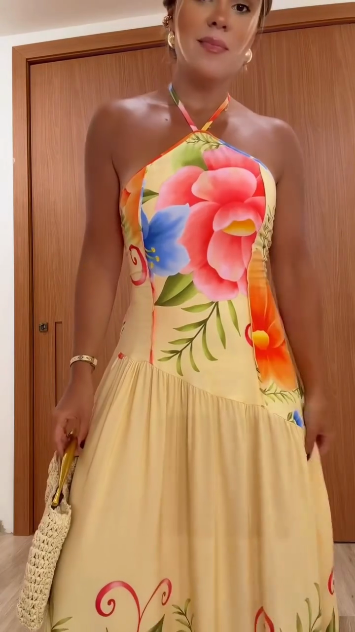 Bright yellow hand-painted floral dress-Mesadic