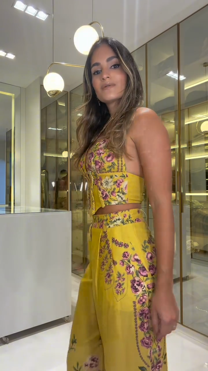 Gold floral print top and wide-leg pants set