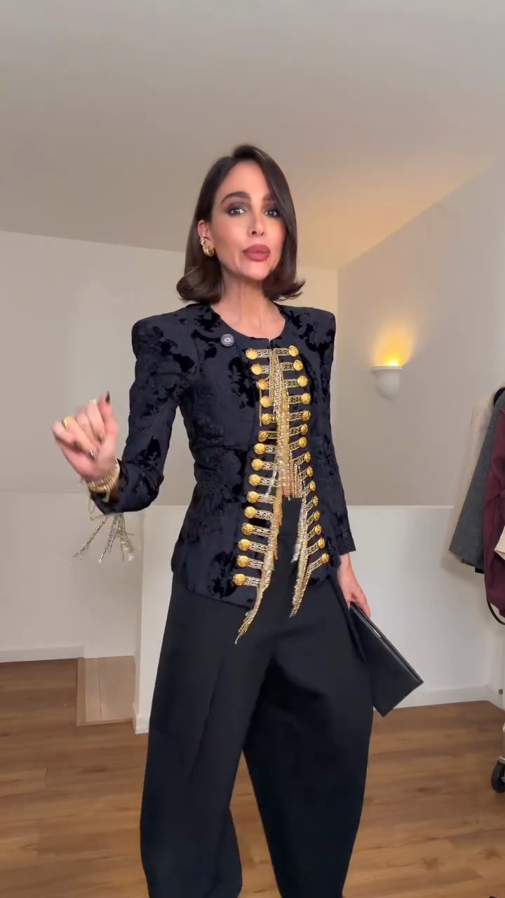 Black velvet military-style embellished suit jacket-Mesadic