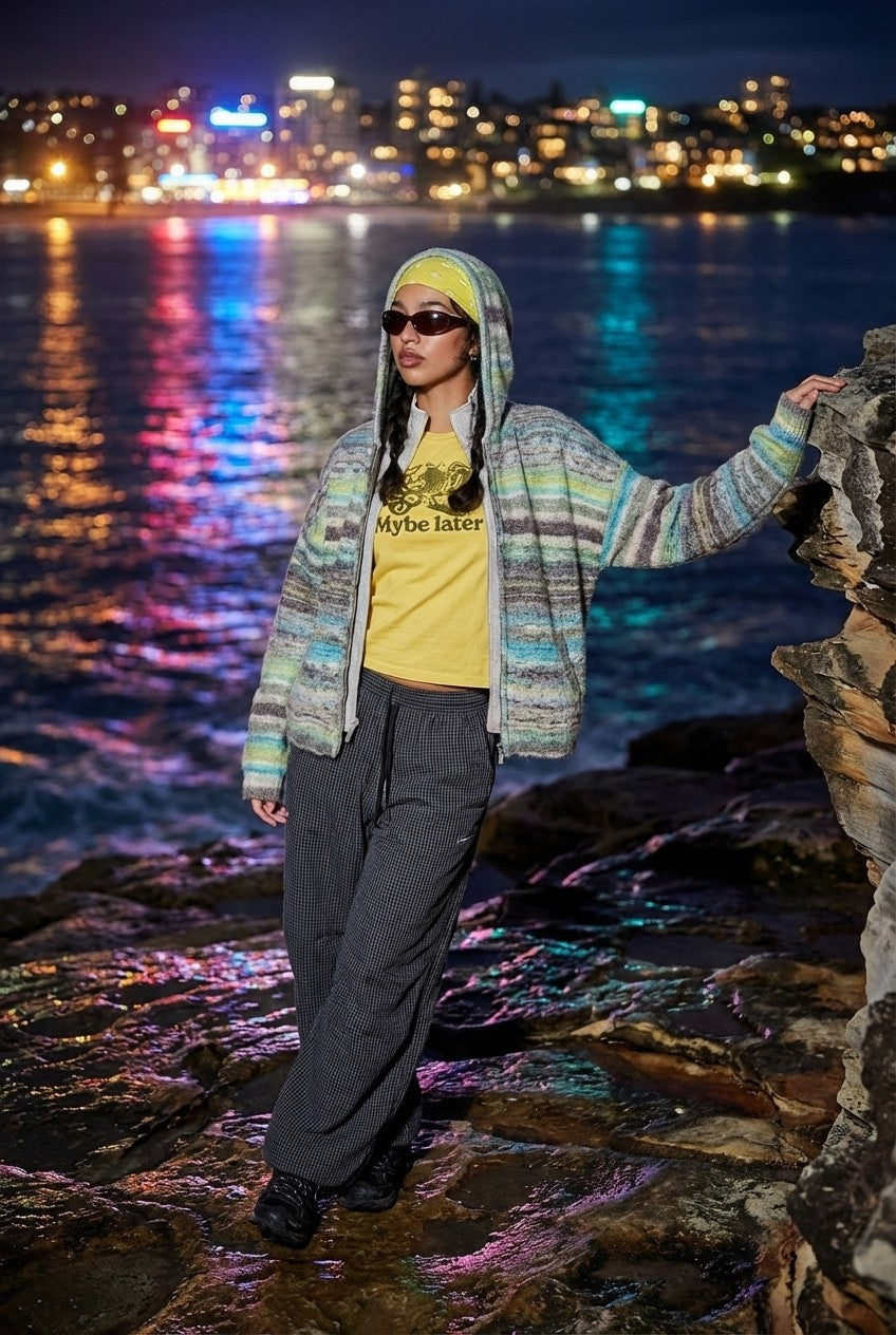 Space Dye Chunky Knit Zip-Up Hoodie Relaxed Cardigan