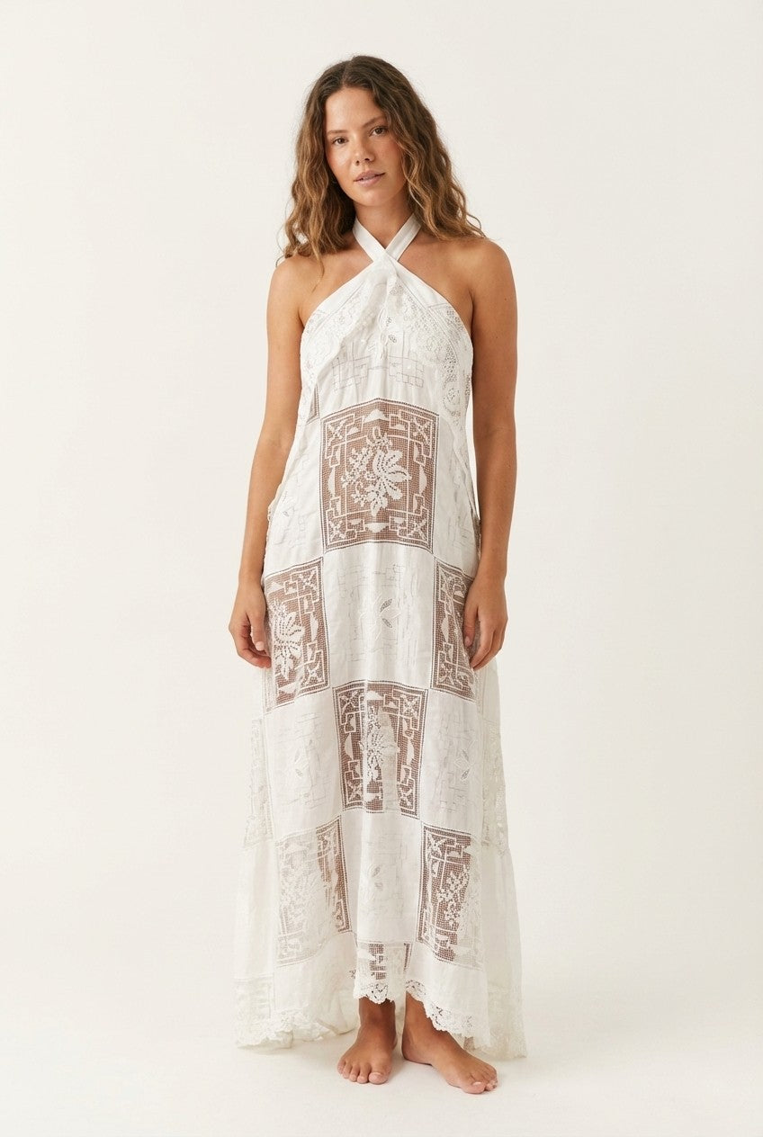 Embroidered Lace Halter Maxi Dress