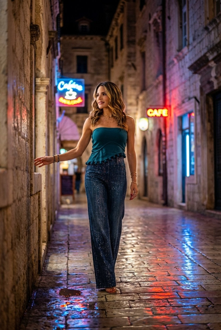 Ribbed Strapless Pom-Pom Top & Sequin Wide-Leg Denim Pants