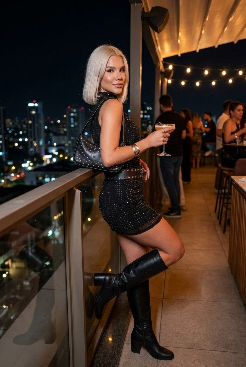 Rhinestone Studded Mock Neck Mini Dress Slim Fit Party Glam