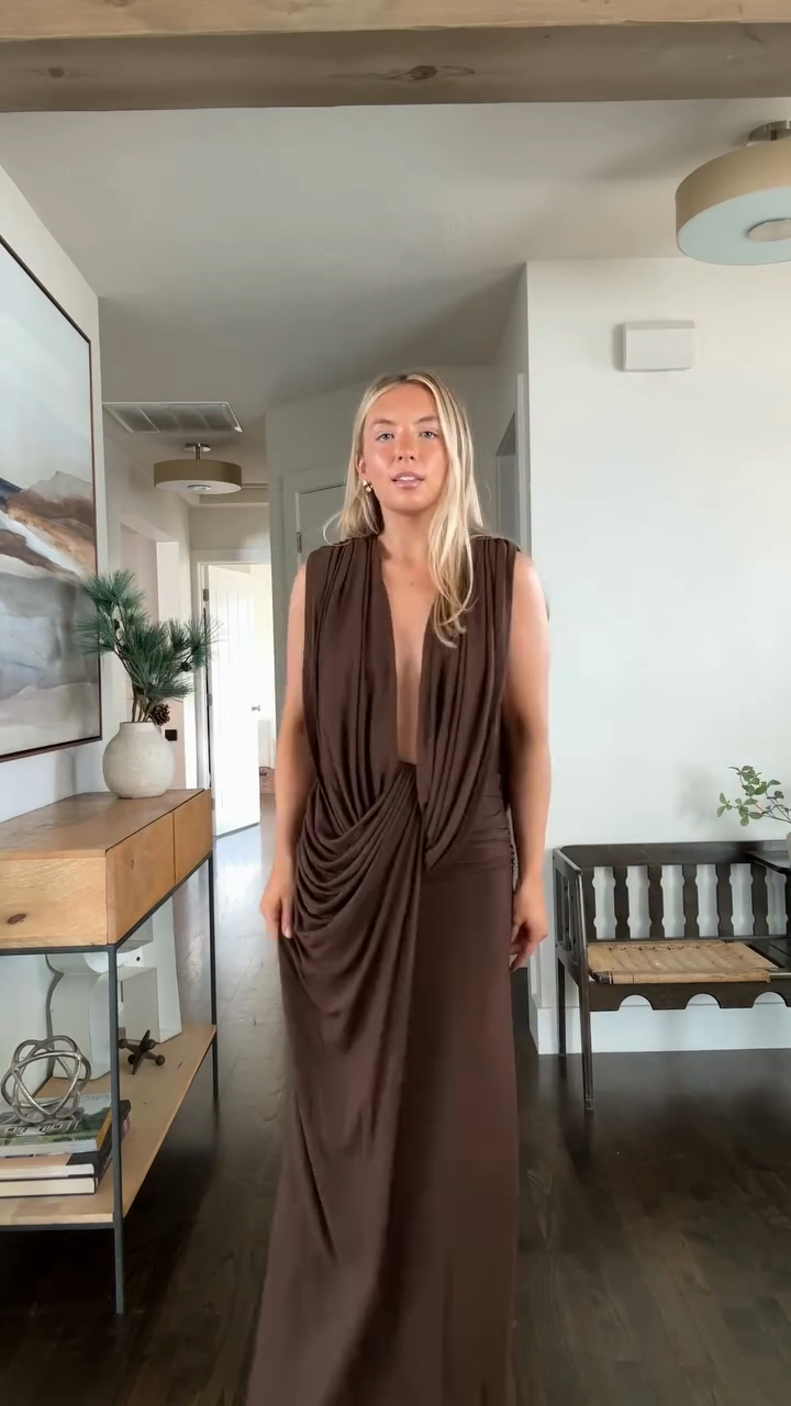 Chocolate brown tie-waist deep V-neck long dress-Mesadic