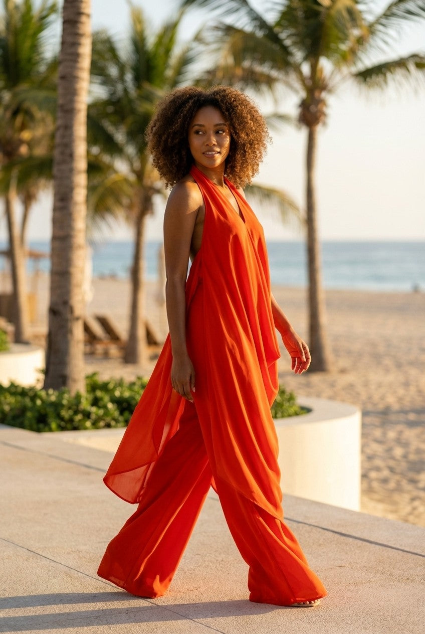 Draped Chiffon Halter Tunic and Wide Leg Pants Set, Resort Chic