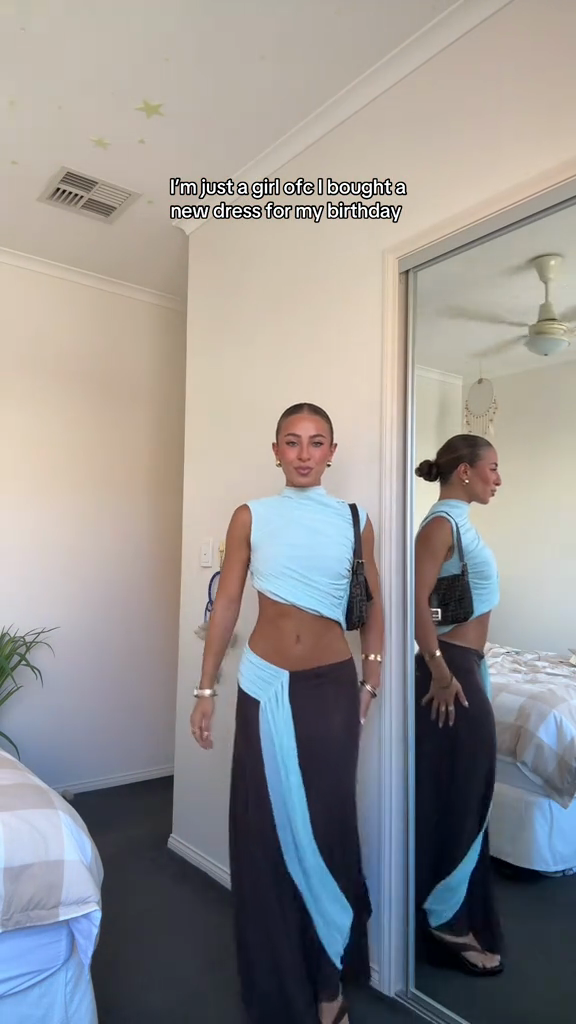 Sky blue and chocolate brown pleated dress-Mesadic