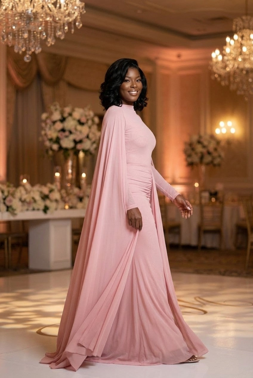 Ruched Mesh Floor-Length Gown with Cape Sleeves Evening Dress