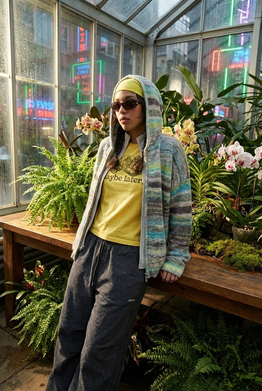 Space Dye Chunky Knit Zip-Up Hoodie Relaxed Cardigan