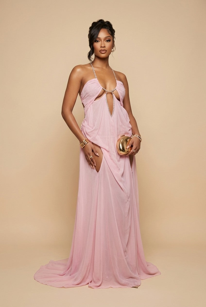 Rosé Éclat Crystal Halter Evening Gown