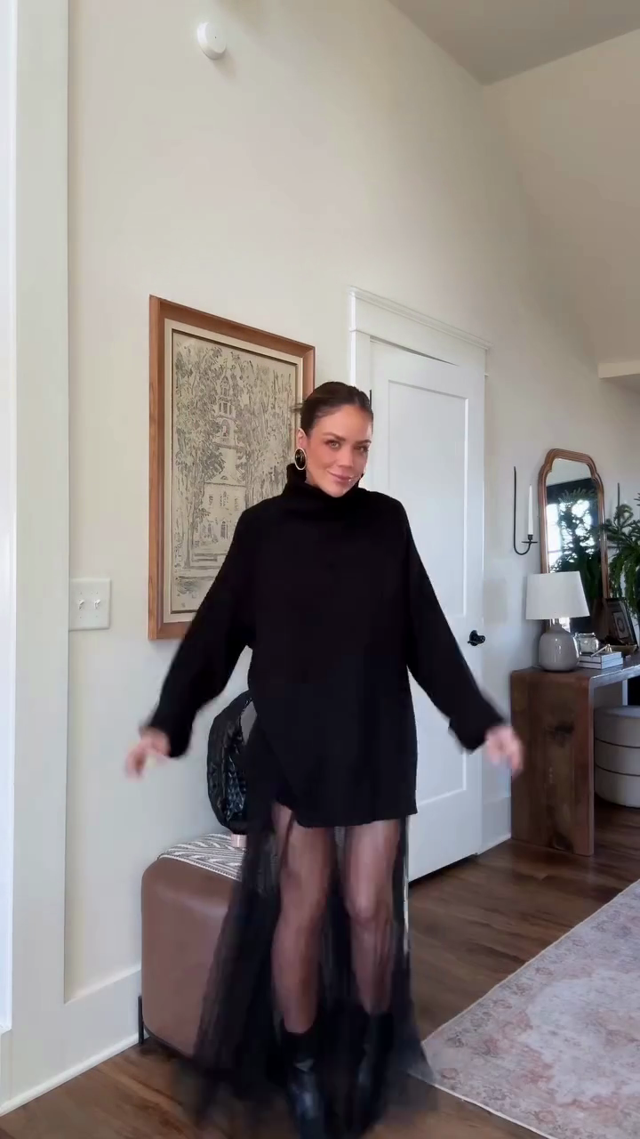 Black oversized turtleneck sweater and sheer long skirt set-Mesadic