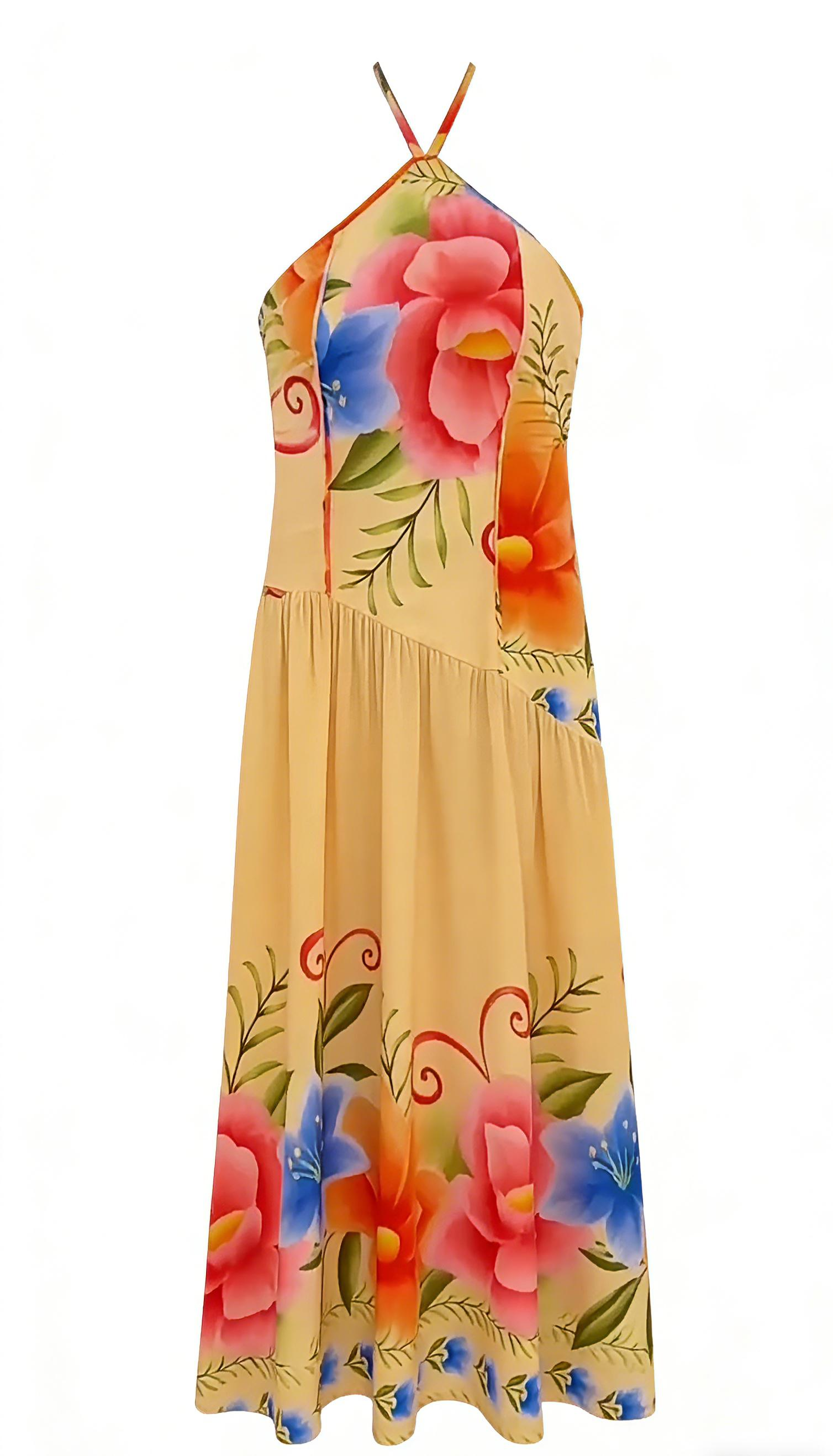 Bright yellow hand-painted floral dress-Mesadic