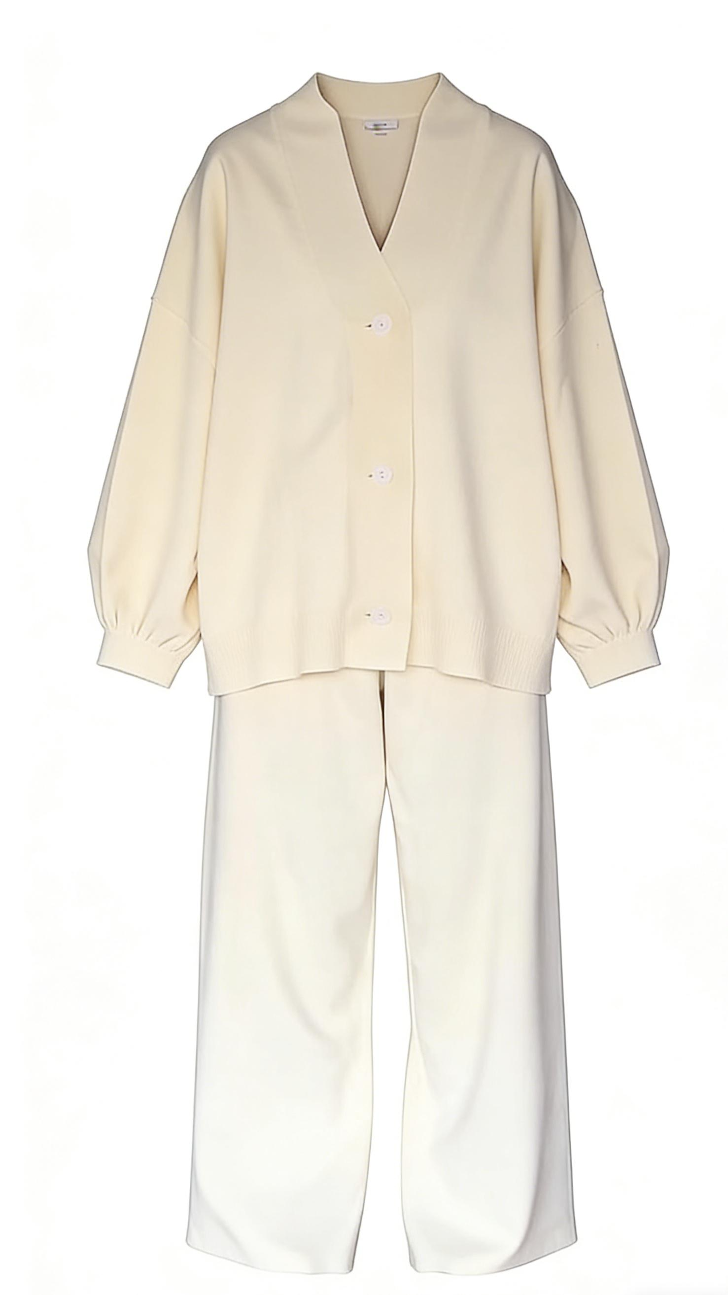 Ivory loose-fitting knit sweater and wide-leg pants set-Mesadic