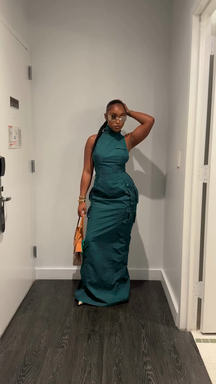 Olive Green Sleeveless High - Neck Maxi Dress-Mesadic