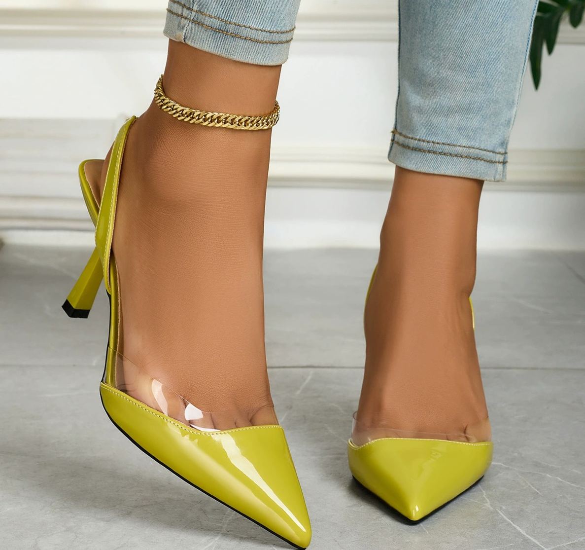Lime Patent Pointed Toe Slingback Stiletto Heels