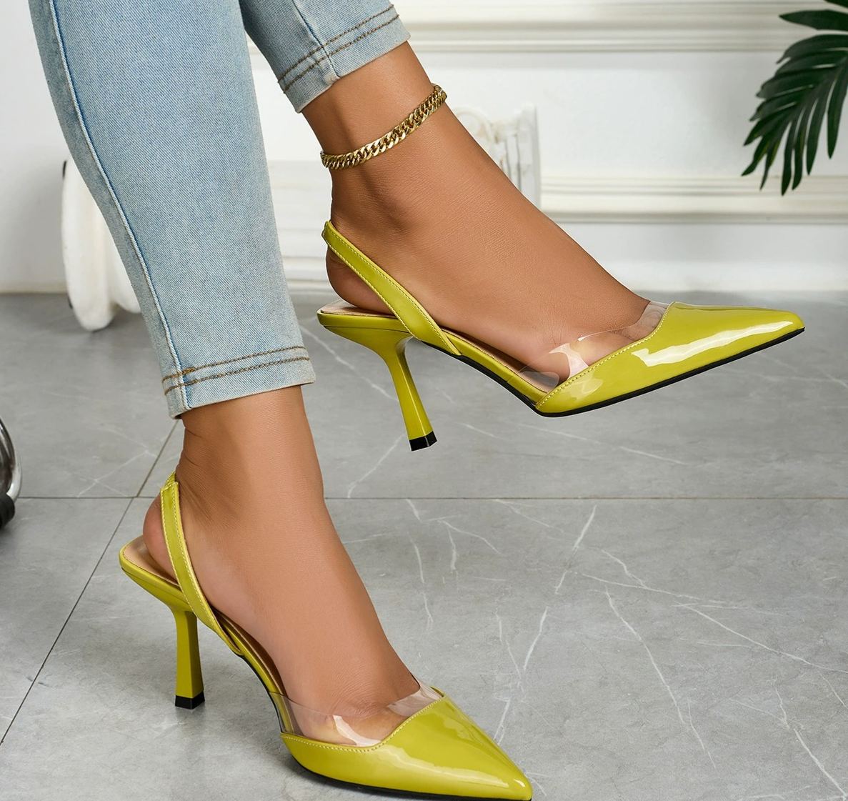 Lime Patent Pointed Toe Slingback Stiletto Heels