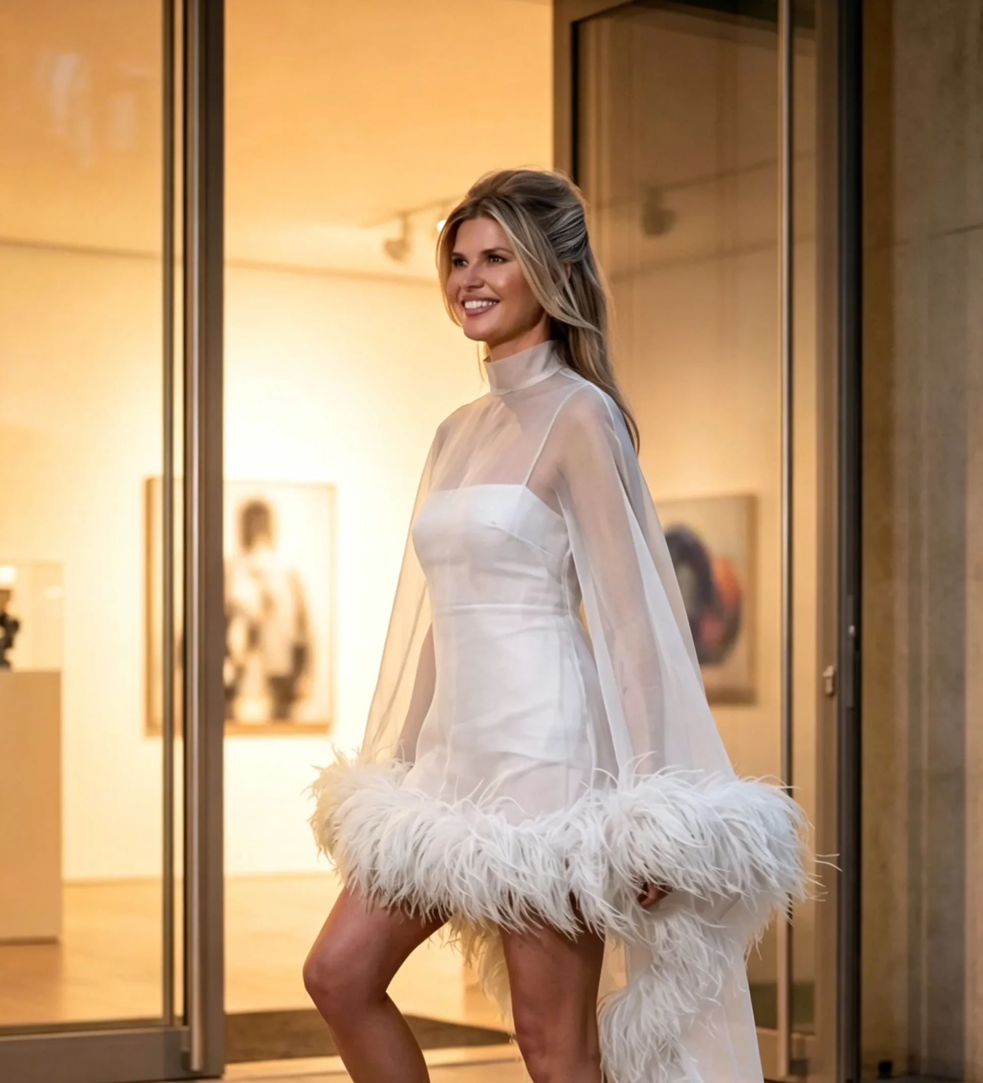 Sheer Turtleneck Feather Trim Mini Dress