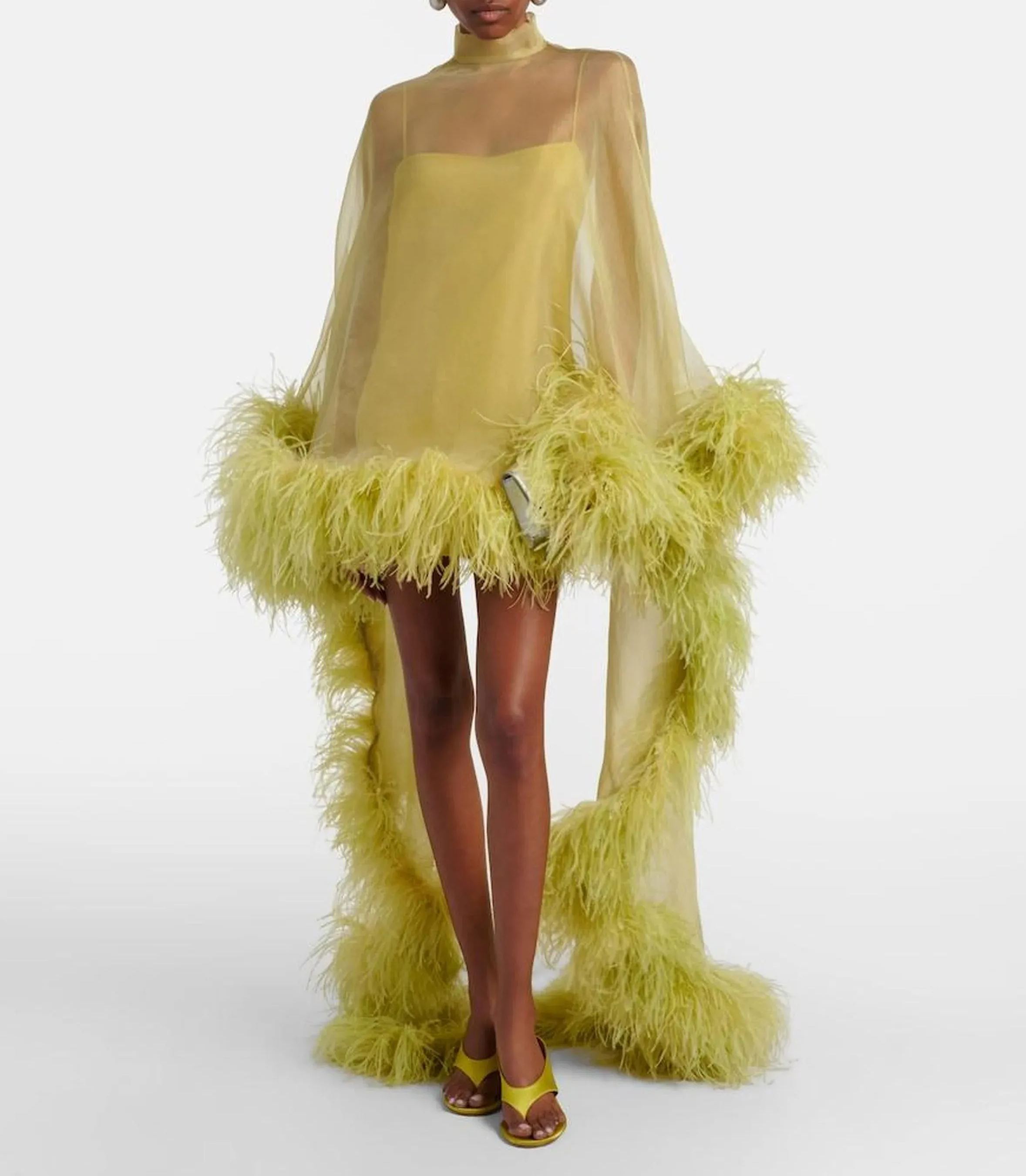 Sheer Turtleneck Feather Trim Mini Dress