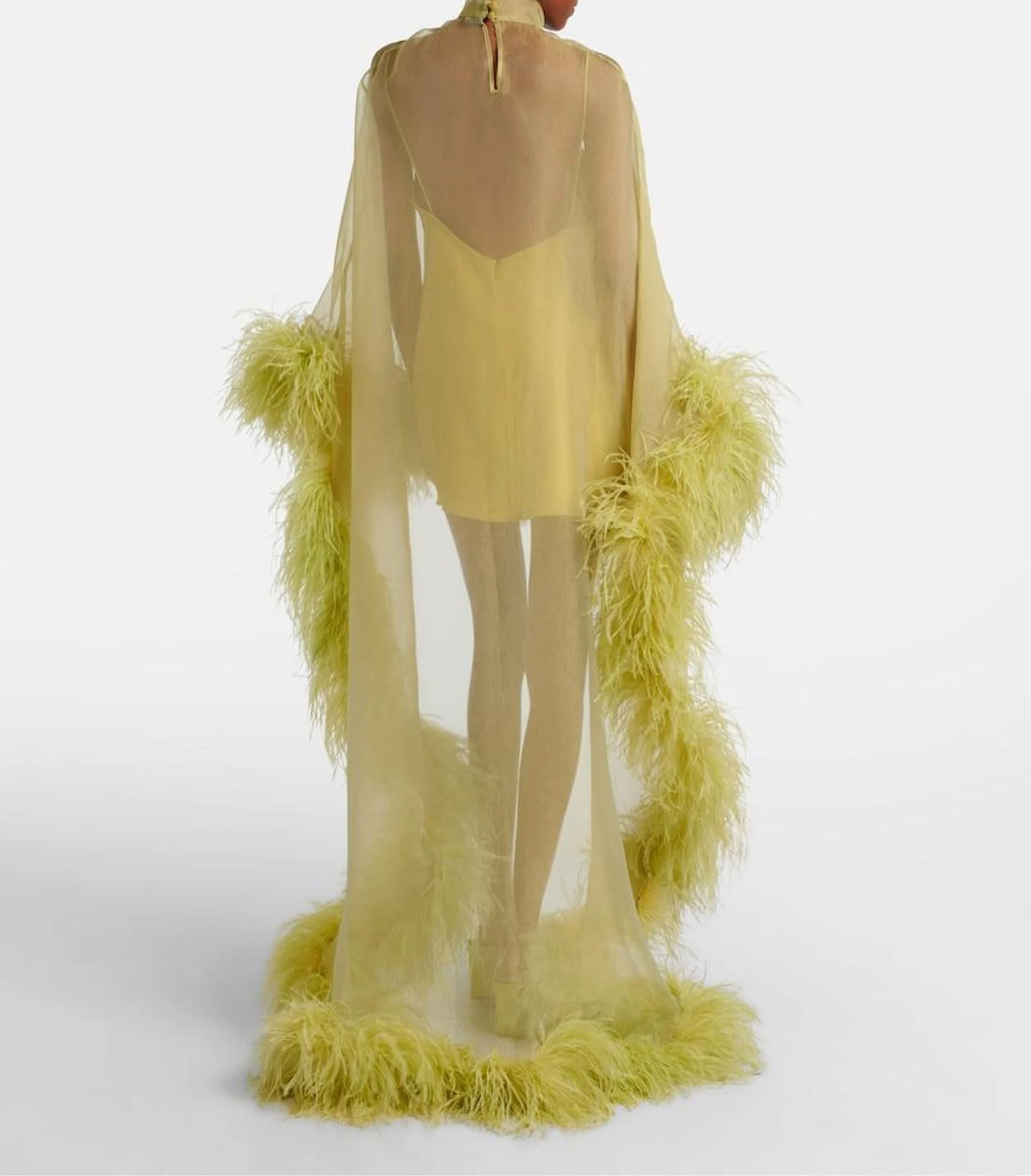 Sheer Turtleneck Feather Trim Mini Dress