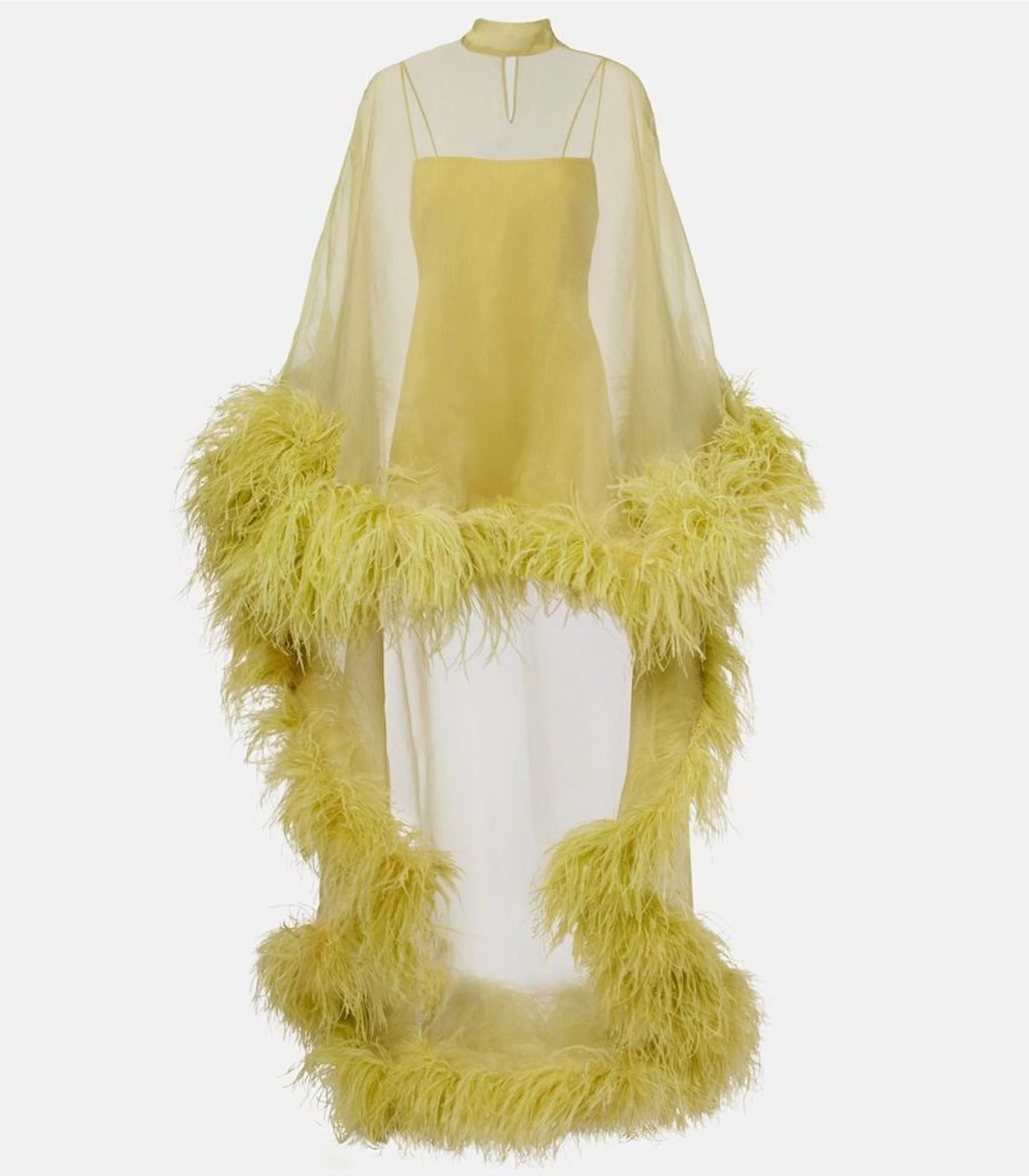 Sheer Turtleneck Feather Trim Mini Dress