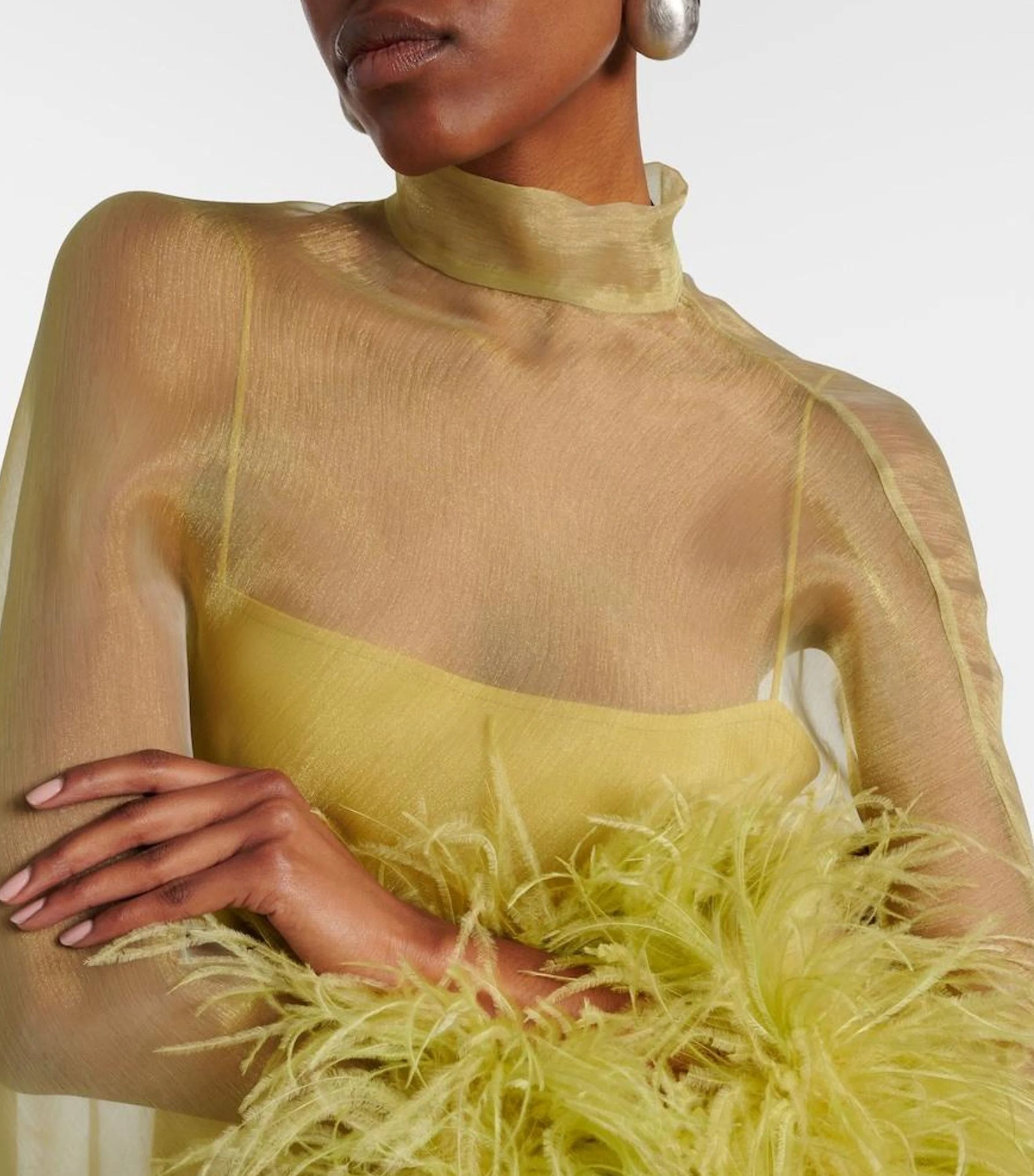 Sheer Turtleneck Feather Trim Mini Dress