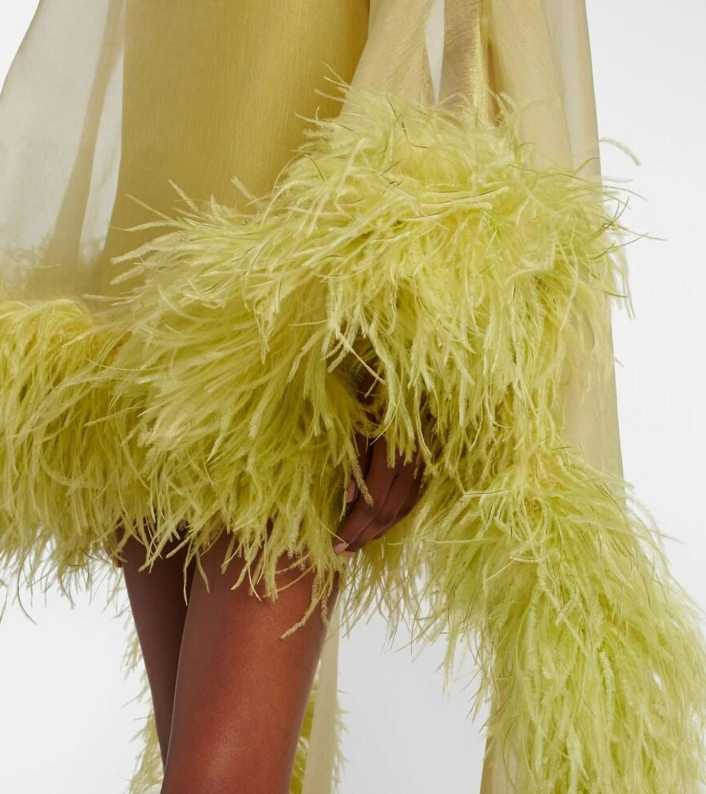 Sheer Turtleneck Feather Trim Mini Dress