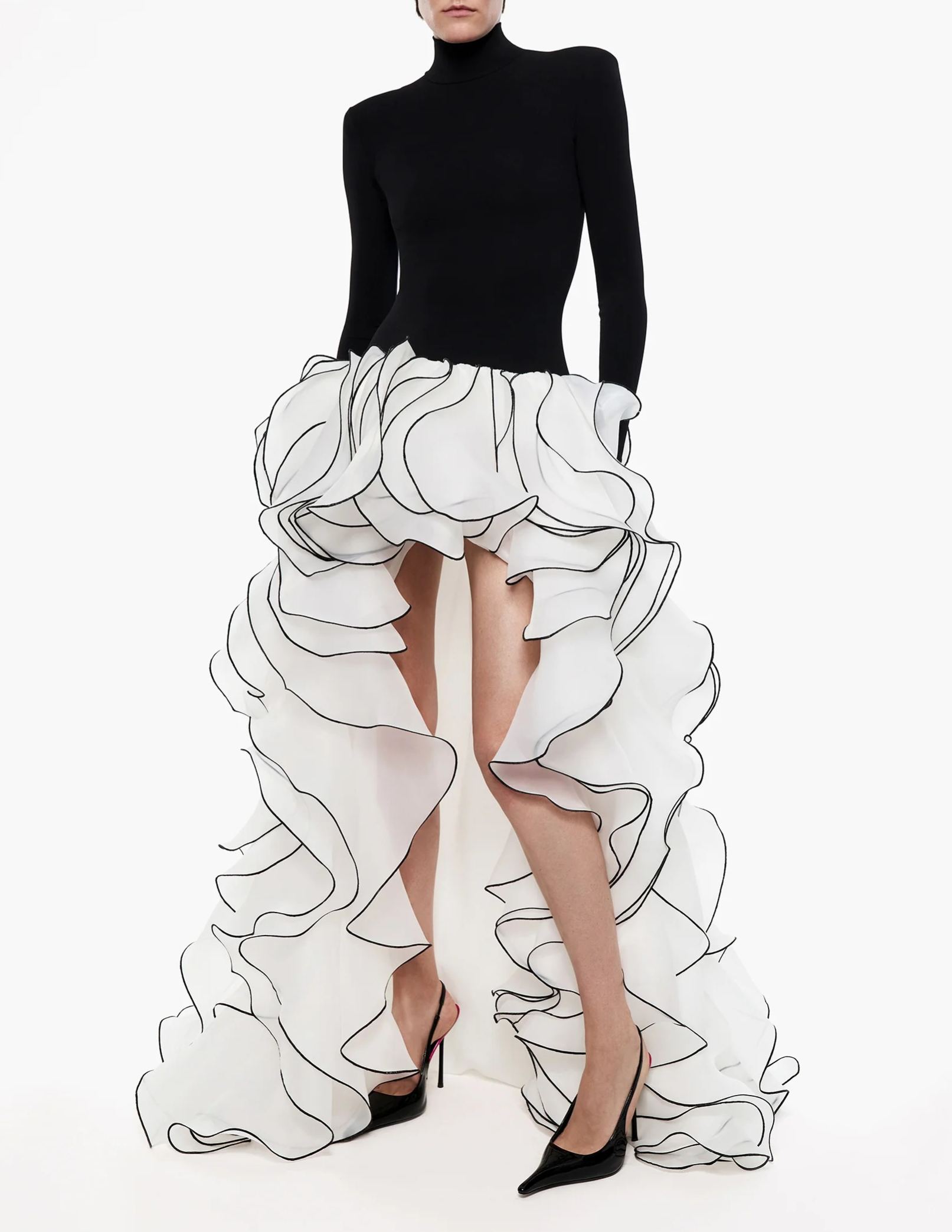 Black‑White Contrast High‑Neck Ruffle High‑Low Maxi Gown
