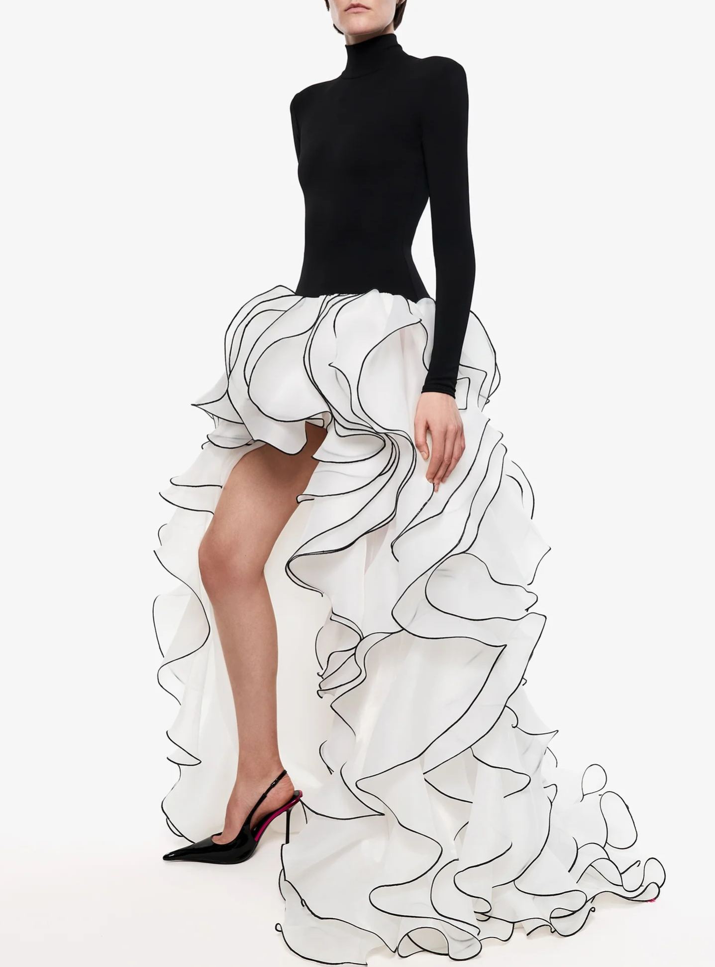 Black‑White Contrast High‑Neck Ruffle High‑Low Maxi Gown