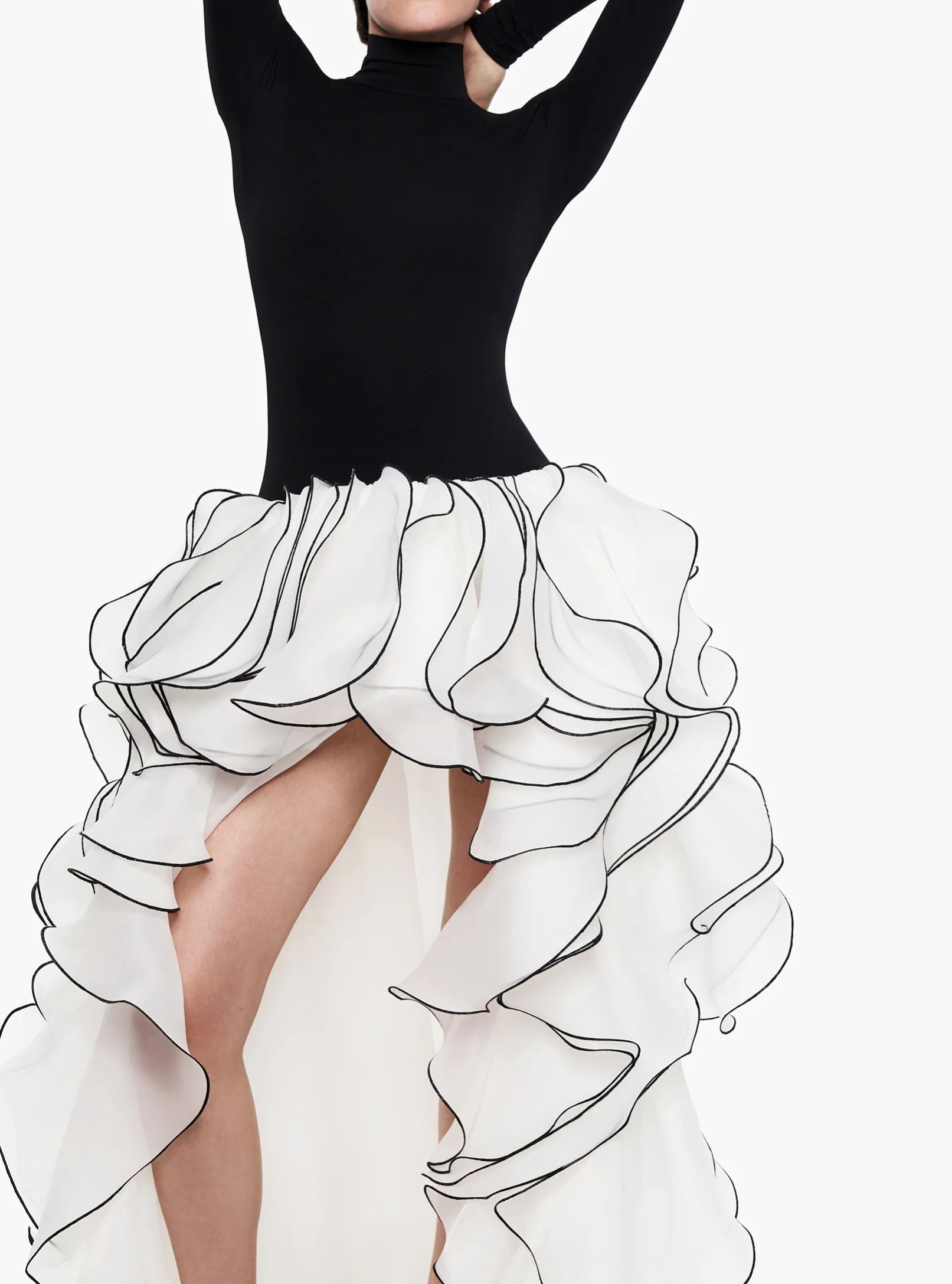 Black‑White Contrast High‑Neck Ruffle High‑Low Maxi Gown
